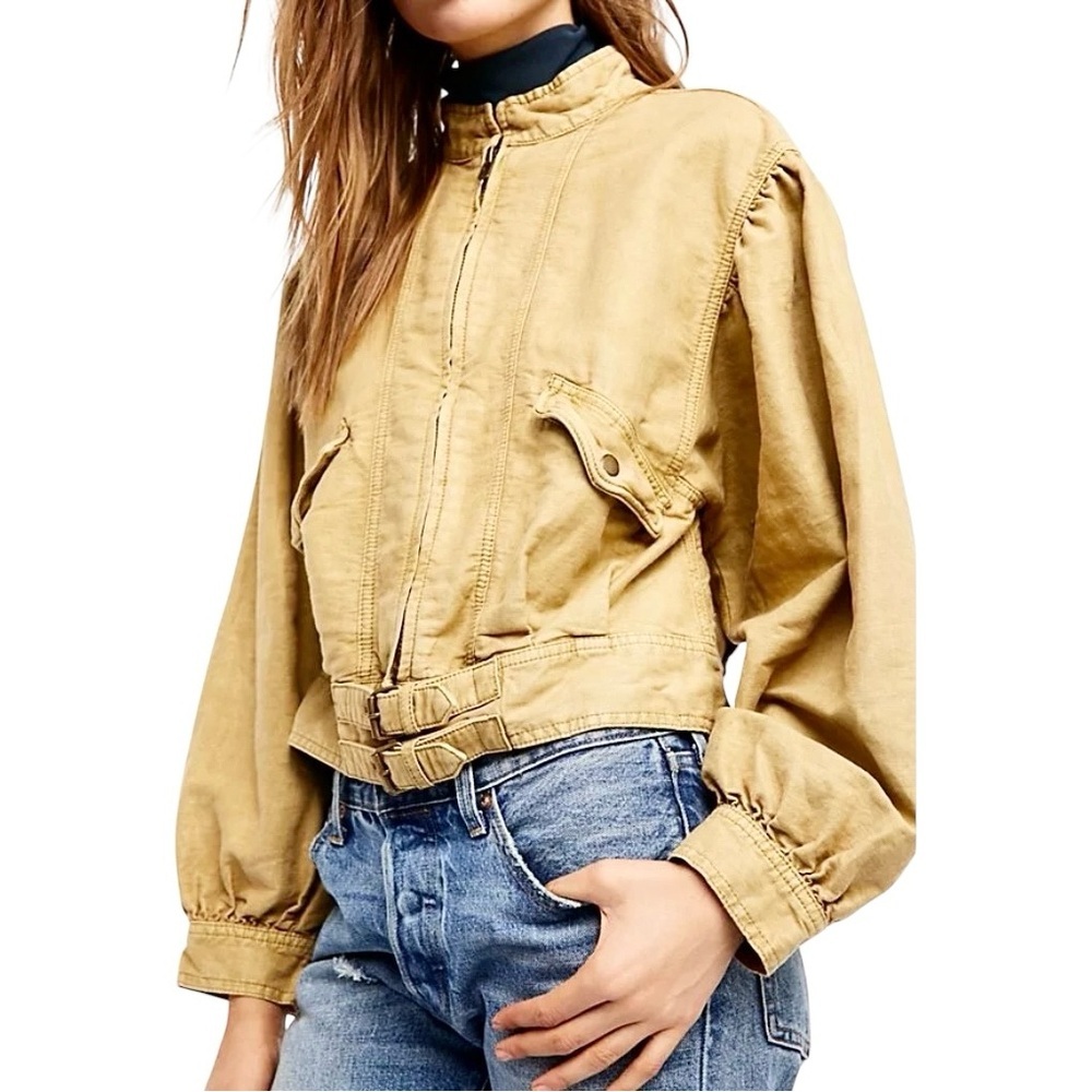 Free People Jacket Womens‎ Size M Tan Fawn Poet Puff Sleeve Utility Bomber Coat - Picture 2 of 14